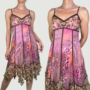 Sue Wong 100% silk paisley leopard print dress midi fairy Y2K 90s prom vintage M